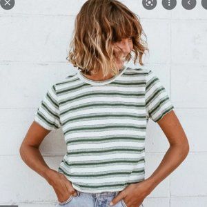 NWT Jungmaven Mountain Stripe Tee Green White Hemp Cotton Crewneck Womens XS